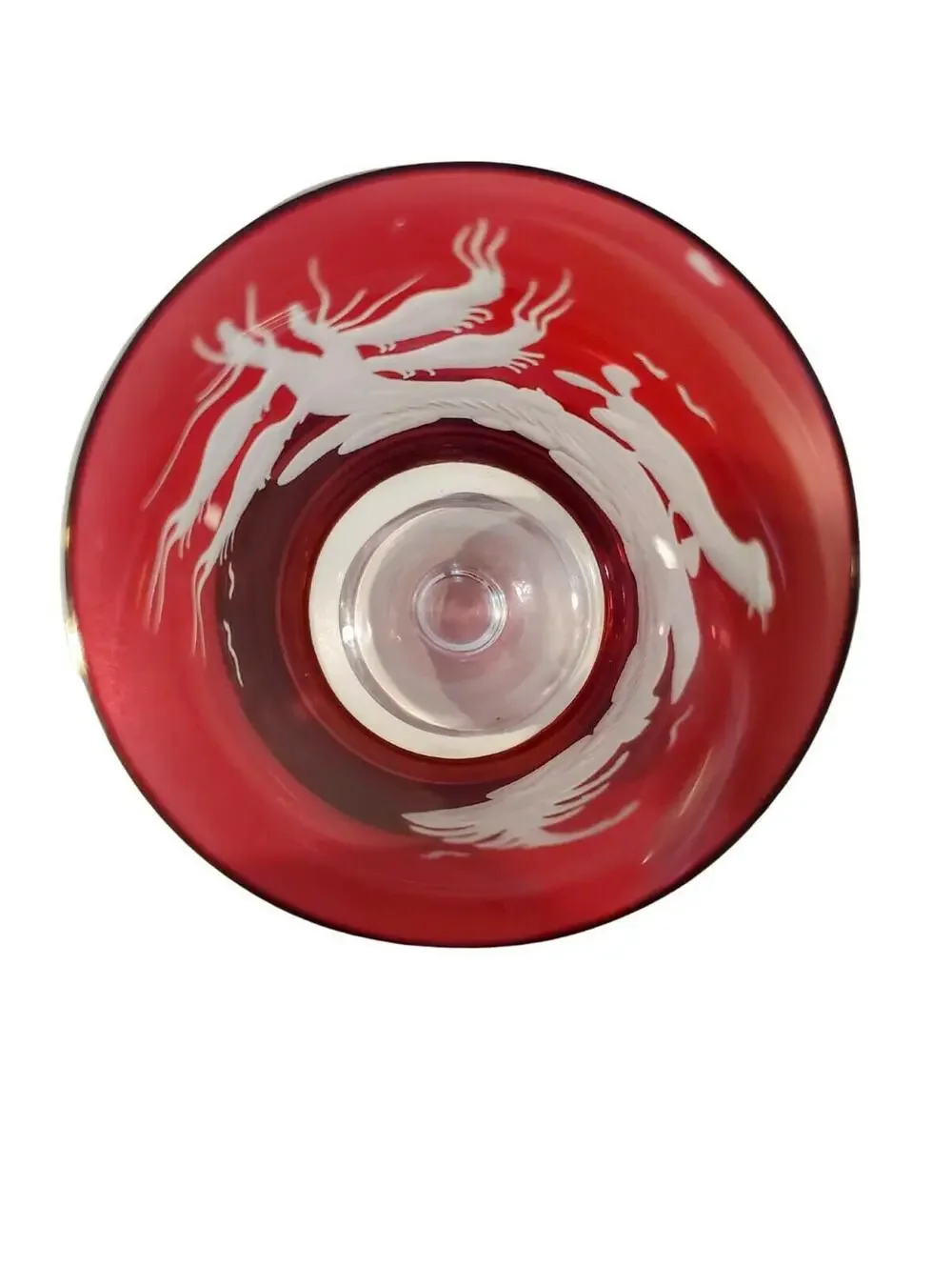Vtg Riedel Tyrol Cranberry Etched Crystal Footed Drinking Glass Hunting Motif